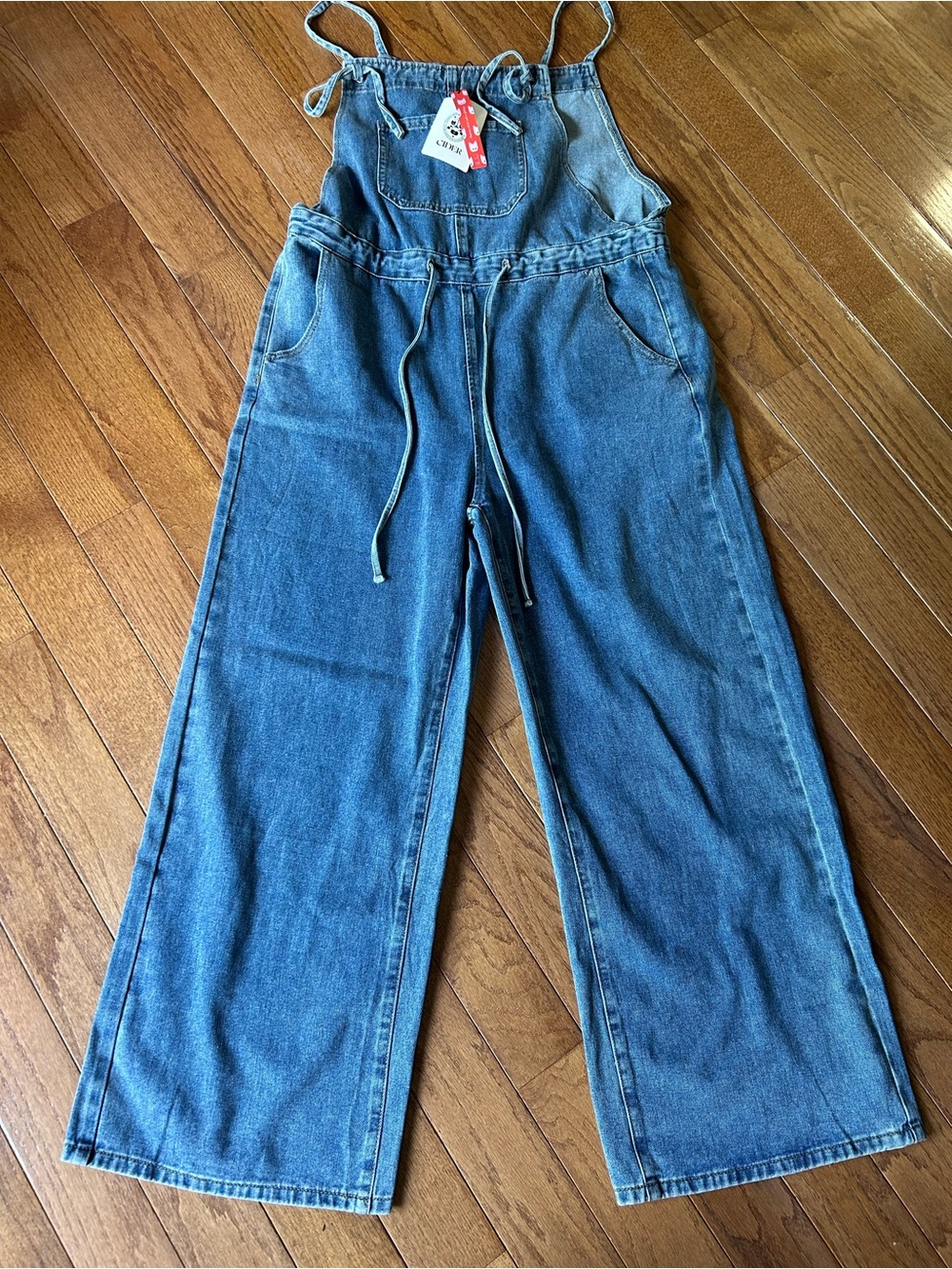CIDER Blue Denim Overalls Wide-Leg Fit Drawstring Waist